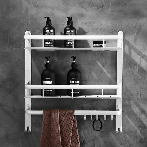 Nordic Space Aluminum White Bathroom Corner Shelf  with Hooks Wall Mount Storage Rack 2 Layer 50cm Vanity Shower Shelf