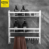 Nordic Space Aluminum White Bathroom Corner Shelf  with Hooks Wall Mount Storage Rack 2 Layer 50cm Vanity Shower Shelf