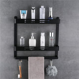 Wall Mount Black Aluminum Bathroom Shelf Shower Caddy Bath Rack with Bar and Hook for Towel Shampoo Shelves Storage Kitchen