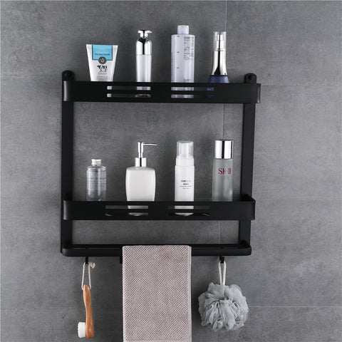 Wall Mount Black Aluminum Bathroom Shelf Shower Caddy Bath Rack with Bar and Hook for Towel Shampoo Shelves Storage Kitchen