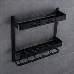 Wall Mount Black Aluminum Bathroom Shelf Shower Caddy Bath Rack with Bar and Hook for Towel Shampoo Shelves Storage Kitchen